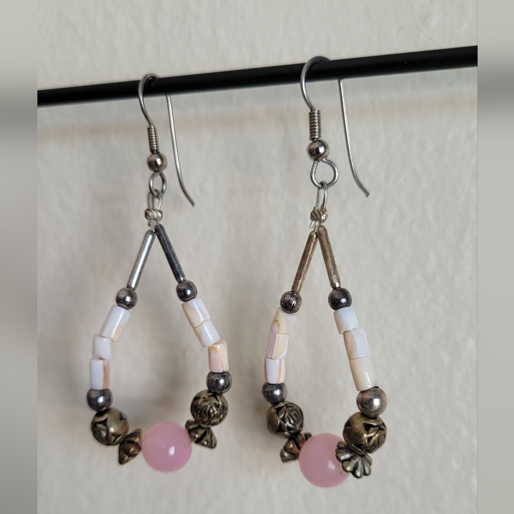 Ivory Mixed Metal and Rose Quartz Bead Stacked Teardrop Earrings